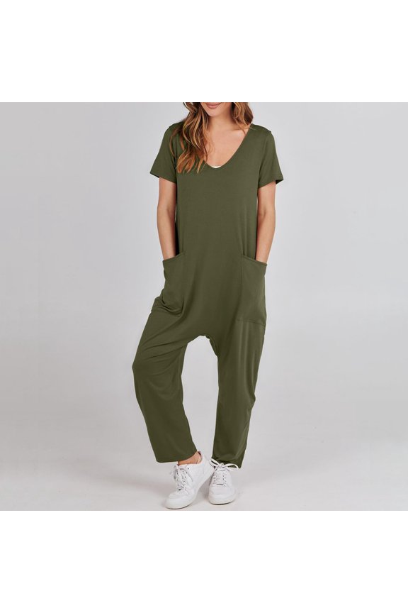 Womens Overalls Casual Loose Short Sleeve Long Trousers Solid Jumpsuit With 2 Pockets Overalls for Women Jumpsuits with Train Suits for Women Juniors Jumpsuits Formal J Jumpsuit Flounce Jumpsuit