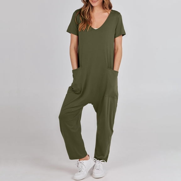 Womens Overalls Casual Loose Short Sleeve Long Trousers Solid Jumpsuit With 2 Pockets Overalls for Women Jumpsuits with Train Suits for Women Juniors Jumpsuits Formal J Jumpsuit Flounce Jumpsuit