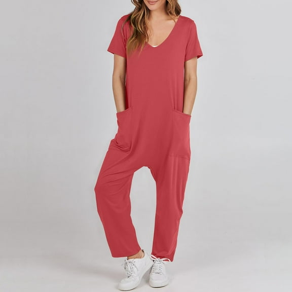Womens Overalls Casual Loose Short Sleeve Long Trousers Solid Jumpsuit With 2 Pockets Overalls for Women Jumpsuits with Train Suits for Women Juniors Jumpsuits Formal J Jumpsuit Flounce Jumpsuit