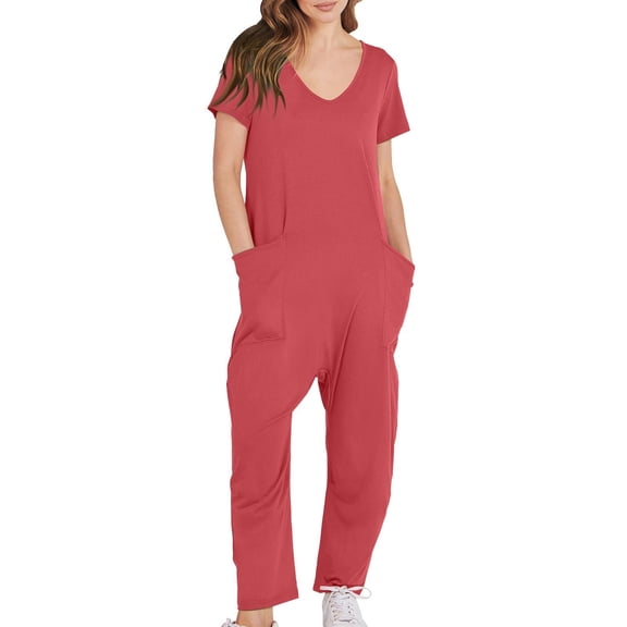 Womens Overalls Casual Loose Short Sleeve Long Trousers Solid Jumpsuit With 2 Pockets