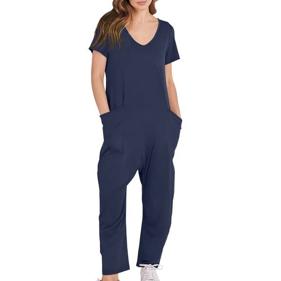Womens Overalls Casual Loose Short Sleeve Long Trousers Solid Jumpsuit With 2 Pockets