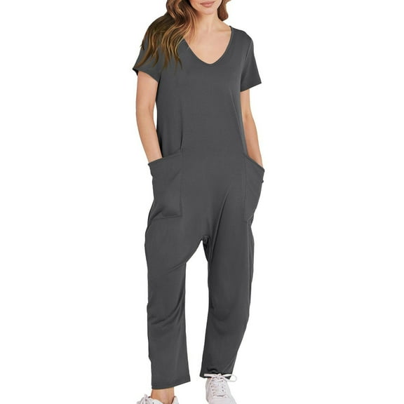 Womens Overalls Casual Loose Short Sleeve Long Trousers Solid Jumpsuit With 2 Pockets