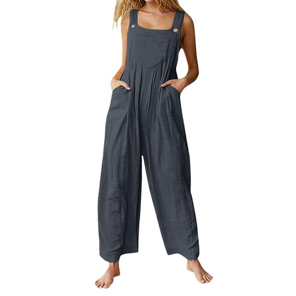 Womens Overalls Casual Loose Sleeveless Adjustable Straps Wide Leg Jumpsuit With Pockets Outfits for Women Jumpsuit Homecoming Jumpsuit for Women Casual Summer Fall Overalls for Women Body Suit Woman