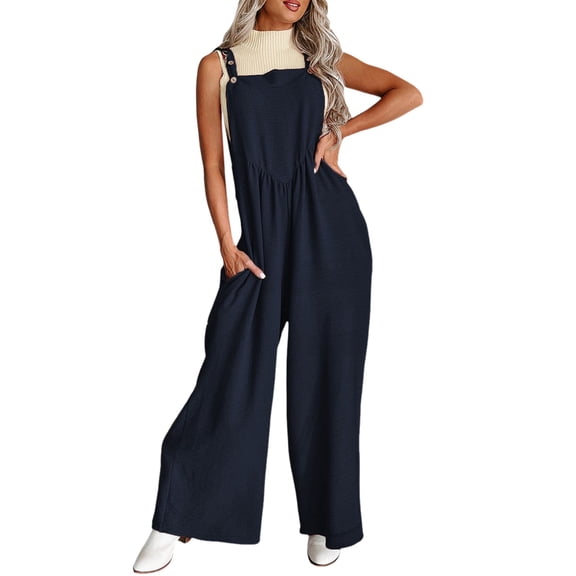 Womens Overalls Casual Loose Sleeveless Adjustable Straps Wide Leg Jumpsuit With 2 Pockets