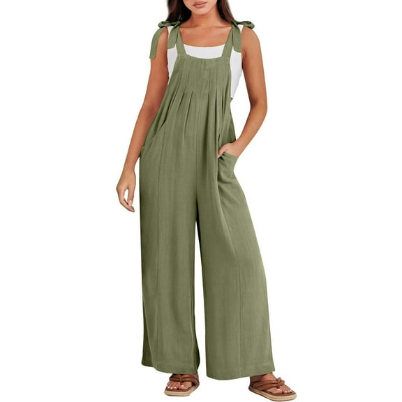 Womens Overalls Casual Loose Sleeveless Adjustable Tie Straps Bib Wide Leg Cotton Linen Rompers Outfits with Pockets Green,M