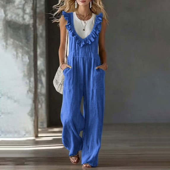 Womens Overalls Cotton Jumpsuits Ruffle Trim Sleeveless Romper Wide Leg Empire Waist Overall with Pockets