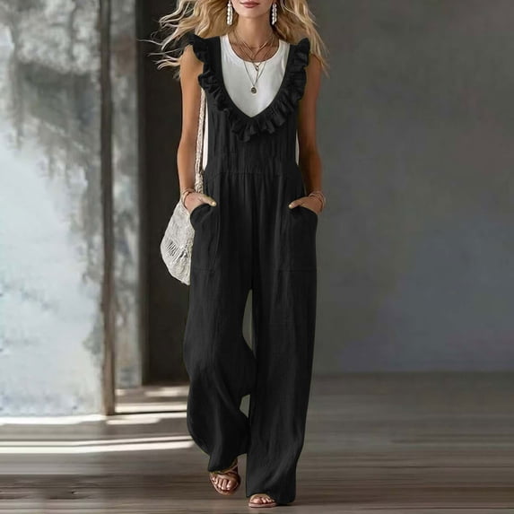 Womens Overalls Cotton Jumpsuits Ruffle Trim Sleeveless Romper Wide Leg Empire Waist Overall with Pockets
