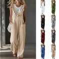 thumbnail image 1 of Womens Overalls Cotton Jumpsuits Ruffle Trim Sleeveless Romper Wide Leg Empire Waist Overall with Pockets, 1 of 5