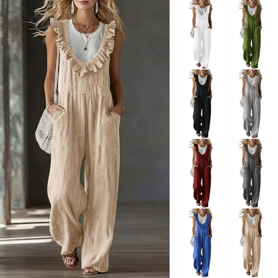 Womens Overalls Cotton Jumpsuits Ruffle Trim Sleeveless Romper Wide Leg Empire Waist Overall with Pockets