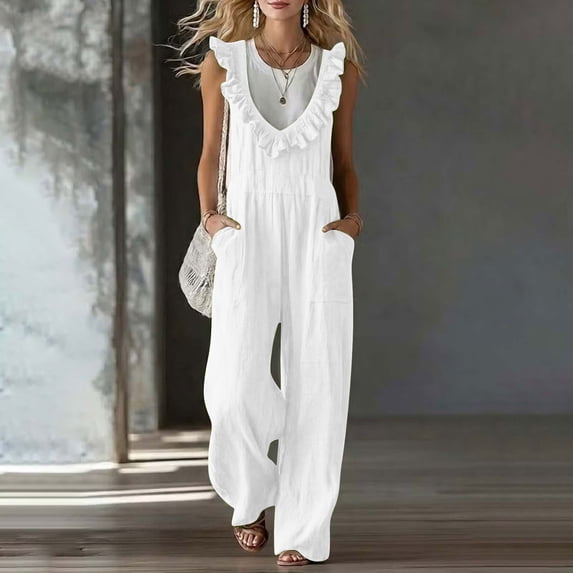 Womens Overalls Cotton Jumpsuits Ruffle Trim Sleeveless Romper Wide Leg Empire Waist Overall with Pockets