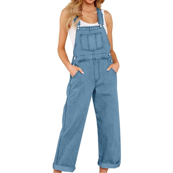 Womens Overalls Denim,Women's Casual Summer Sleeveless Jumpsuits Adjustable Straps Pockets Jeans Pants Rompers