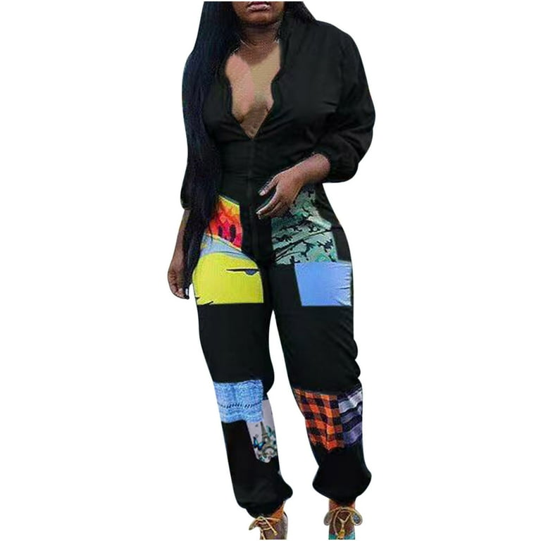 Womens Overalls One Piece Zipper V Neck Long Sleeve Tops Solid