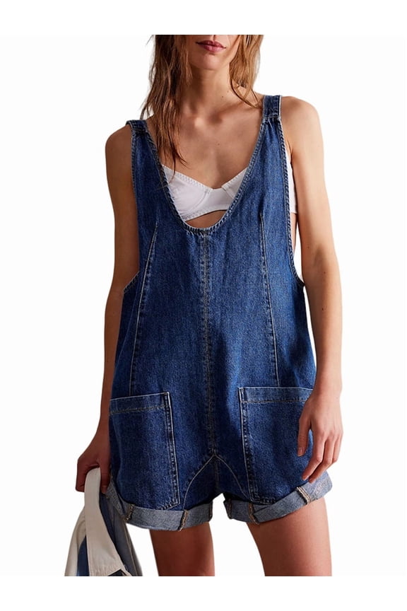 Womens Overalls Shorts Casual Summer Romper V Neck Sleeveless Jumpsuits Shortalls Loose Fit Dark Blue XL