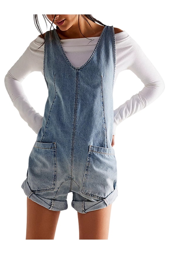 Womens Overalls Shorts Casual Summer Romper V Neck Sleeveless Jumpsuits Shortalls Loose Fit Light Blue XL