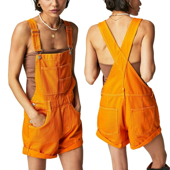 Womens Overalls Shorts Denim Bib Adjustable Straps Shorts Casual Solid Color Rolled Cuff Rompers Jumpsuits With Pockets