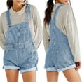thumbnail image 1 of Womens Overalls Shorts Denim Bib Adjustable Straps Shorts Casual Solid Color Rolled Cuff Rompers Jumpsuits With Pockets, 1 of 5