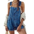 thumbnail image 1 of Womens Overalls Shorts Denim Bib Straps Shorts Casual Solid Color Rompers Jumpsuits With Pockets Pants, 1 of 7