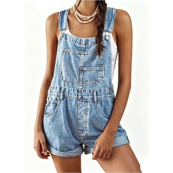 Womens Overalls Shorts Denim Bib Straps Shorts Casual Solid Color Rompers Jumpsuits With Pockets Pants