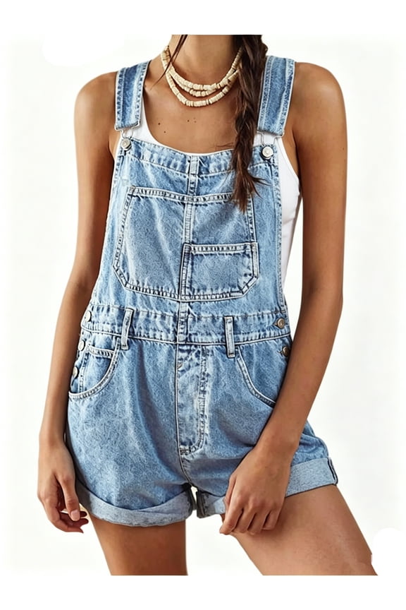 Womens Overalls Shorts Denim Bib Straps Shorts Casual Solid Color Rompers Jumpsuits With Pockets Pants