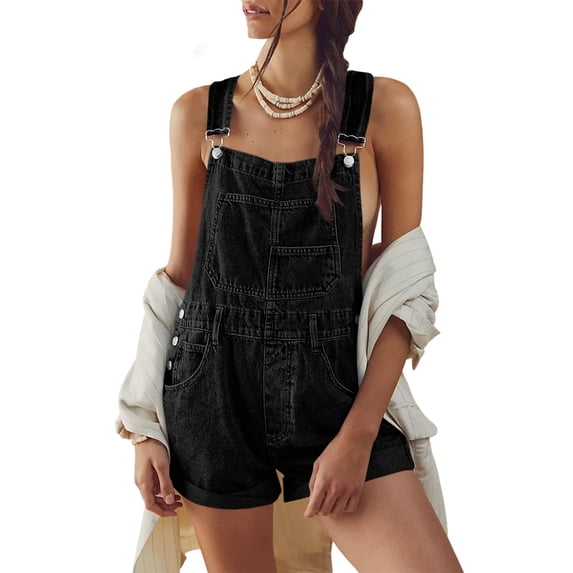 Womens Overalls Shorts Denim Bib Straps Shorts Casual Solid Color Rompers Jumpsuits With Pockets Pants