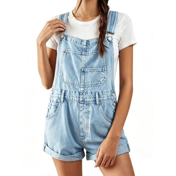 Womens Overalls Shorts Denim Bib Straps Shorts Casual Solid Color Rompers Jumpsuits With Pockets Pants