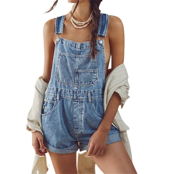 Womens Overalls Shorts Denim Bib Straps Shorts Casual Solid Color Rompers Jumpsuits With Pockets Pants