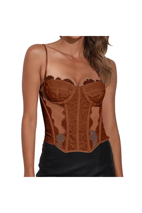 Womens Overbust Lace Corsets Sheer Spaghetti Strap Bones Corset Tops Sexy Going Out Bustier Body Shaper Coffee, S
