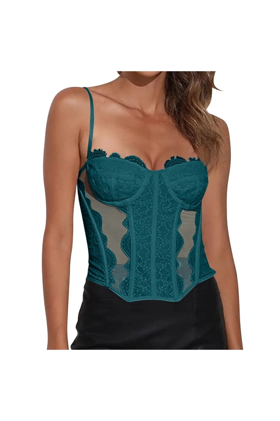 Womens Overbust Lace Corsets Sheer Spaghetti Strap Bones Corset Tops Sexy Going Out Bustier Body Shaper Green, S