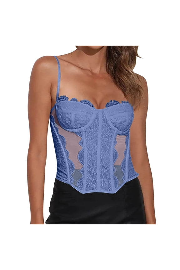 Womens Overbust Lace Corsets Sheer Spaghetti Strap Bones Corset Tops Sexy Going Out Bustier Body Shaper Navy, S