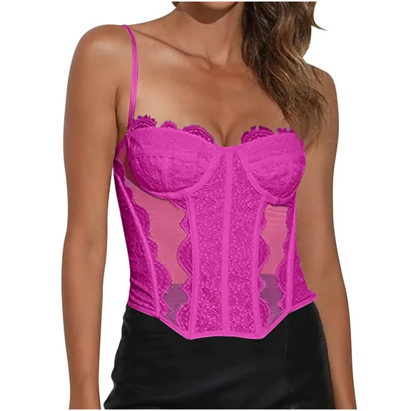 Womens Overbust Lace Corsets Sheer Spaghetti Strap Bones Corset Tops Sexy Going Out Bustier Body Shaper Pink, XXL