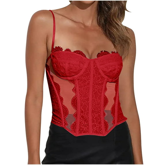 Womens Overbust Lace Corsets Sheer Spaghetti Strap Bones Corset Tops Sexy Going Out Bustier Body Shaper Red, XXL