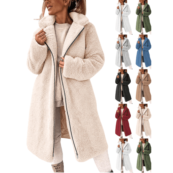 Womens Overcoat Casual Warm Loose Medium Long Coat Heavyweight Full Zip Long Sleeved Lapel Winter Outerwear