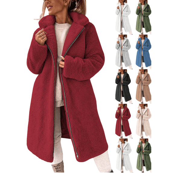Womens Overcoat Casual Warm Loose Medium Long Coat Heavyweight Full Zip Long Sleeved Lapel Winter Outerwear