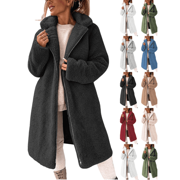 Womens Overcoat Casual Warm Loose Medium Long Coat Heavyweight Full Zip Long Sleeved Lapel Winter Outerwear