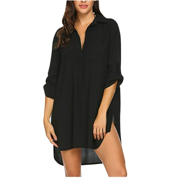 Womens Oversize Beach Shirt Dress Cover Up for Bikini Swimwear Rolled 3/4 Sleeve Lapel V Neck Sunscreen Mini Dress (Medium, Black)