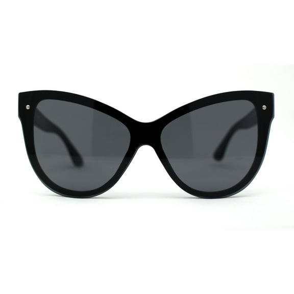 Womens Oversize Cat Eye Chic Horn Rim Shield Sunglasses All Black