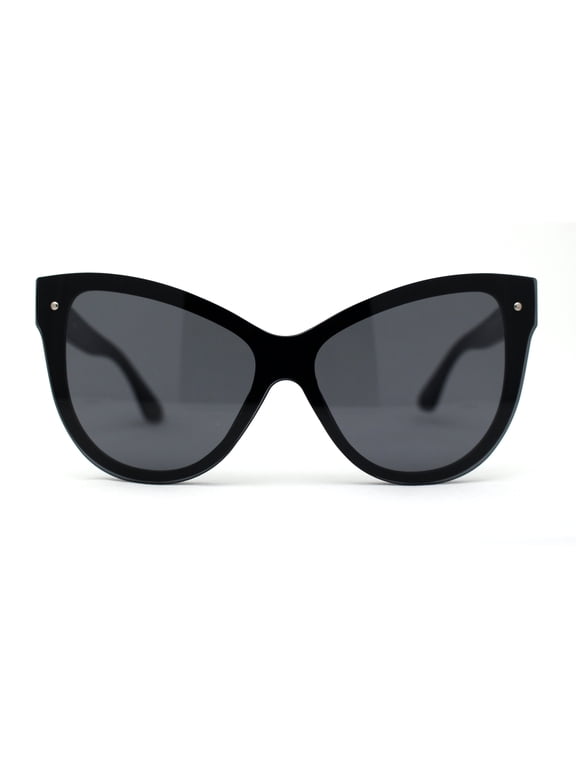 Womens Oversize Cat Eye Chic Horn Rim Shield Sunglasses All Black