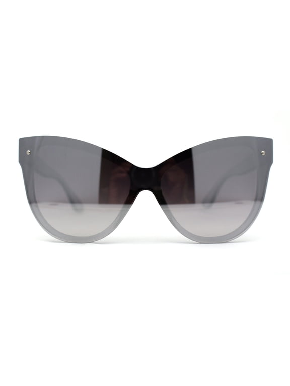 Womens Oversize Cat Eye Chic Horn Rim Shield Sunglasses Slate Silver Mirror