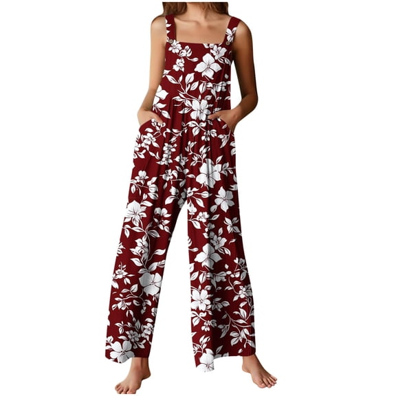 Womens Oversize Floral Printed Boho Jumpsuits Sleeveless Strap Baggy Romper Wide Leg Overalls with Pockets