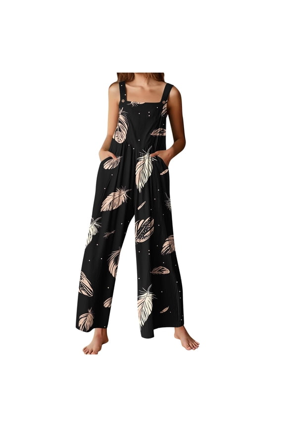 Womens Oversize Floral Printed Boho Jumpsuits Sleeveless Strap Baggy Romper Wide Leg Overalls with Pockets
