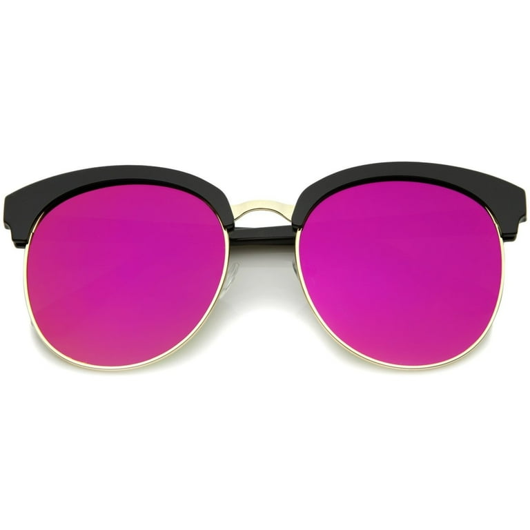 Womens Oversize Half Frame Mirrored Flat Lens Round Sunglasses 68mm