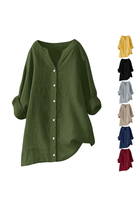 Womens Oversize Muslin Blouse V Neck Button Front Long Sleeve Breathable Summer Shirt