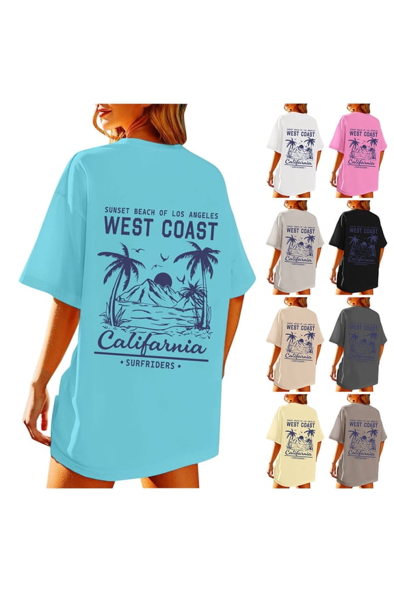 Womens Oversize Palm Tree Graphic Print T-Shirt Tropical Beach Vacation Summer Top Retro Loose Cotton Short Sleeve Tee Coastal Casual Shirt