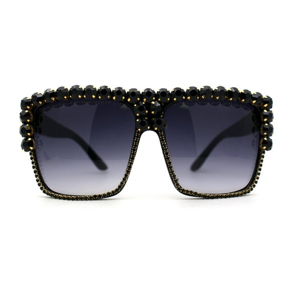 Womens Oversize Rhinestone Flat Top Showy Diva Sunglasses All Black