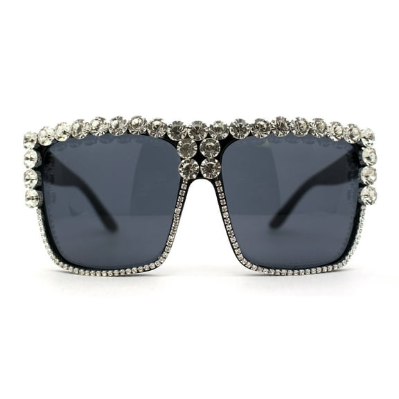 Womens Oversize Rhinestone Flat Top Showy Diva Sunglasses Black Clear