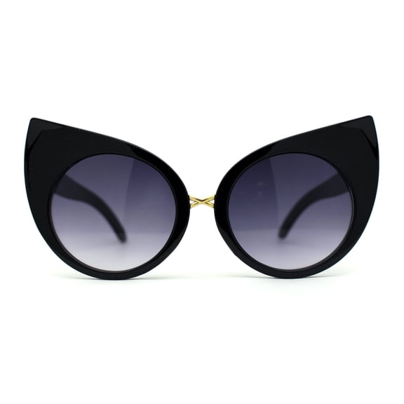 Womens Oversize Round Circle Lens Curled Ears Cat Eye Sunglasses Black Smoke