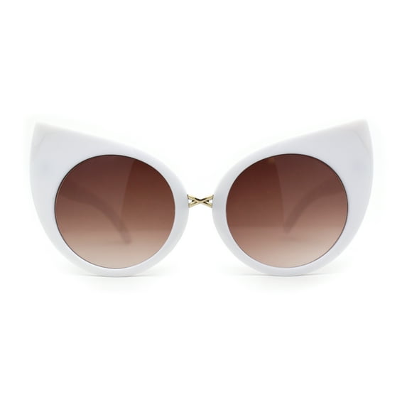 Womens Oversize Round Circle Lens Curled Ears Cat Eye Sunglasses White Brown