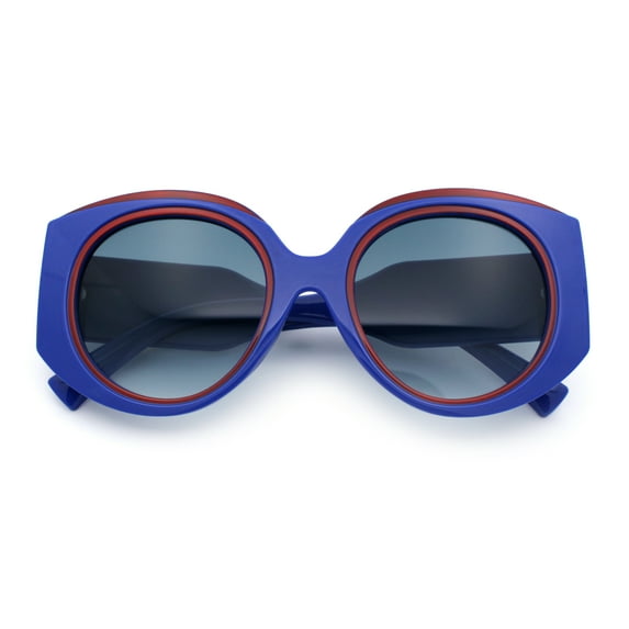 Womens Oversize Round Thick Temple Plastic Designer Fashion Diva Sunglasses Blue Red - Smoke