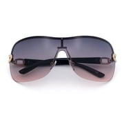 SA106 Womens Oversize Shield Curved Wrap Around Fashion Sunglasses / Gold Frame - Black Brown Lens