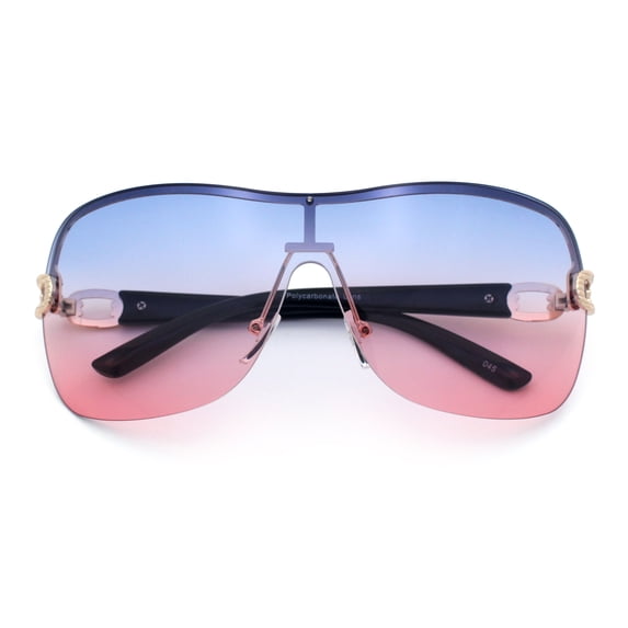 SA106 Womens Oversize Shield Curved Wrap Around Fashion Sunglasses / Gold Frame - Blue Pink Lens